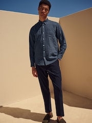 Navy Blue Check Long Sleeve 100% Cotton Shirt - Image 3 of 10