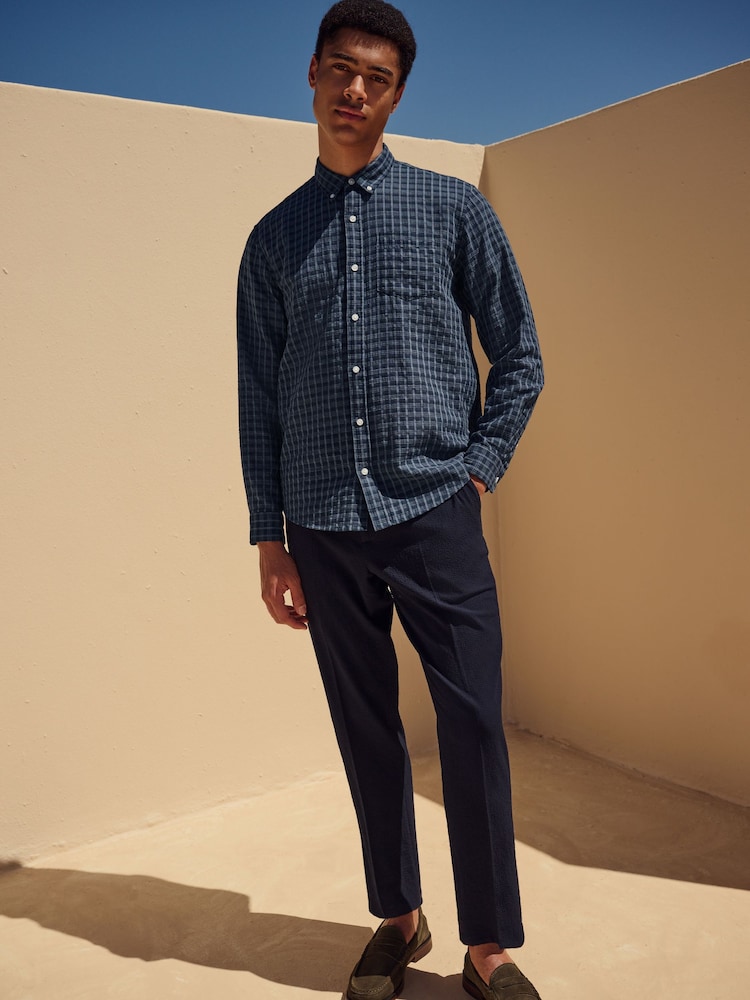 Navy Blue Check Long Sleeve 100% Cotton Shirt - Image 3 of 10