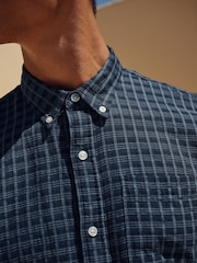 Navy Blue Check Long Sleeve 100% Cotton Shirt - Image 4 of 10
