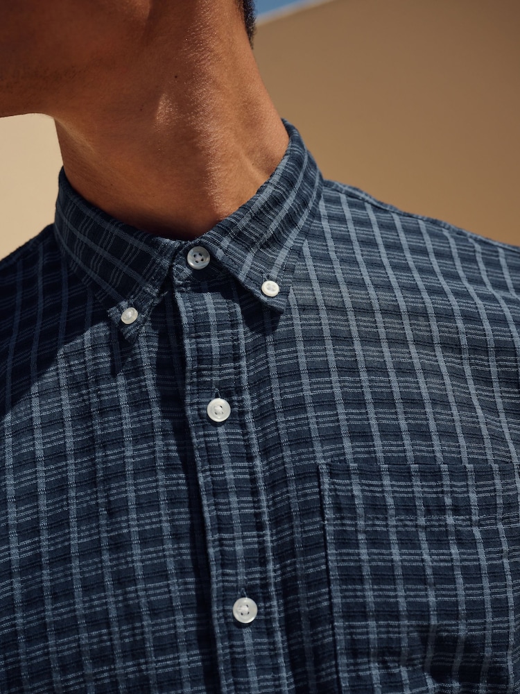Navy Blue Check Long Sleeve 100% Cotton Shirt - Image 4 of 10