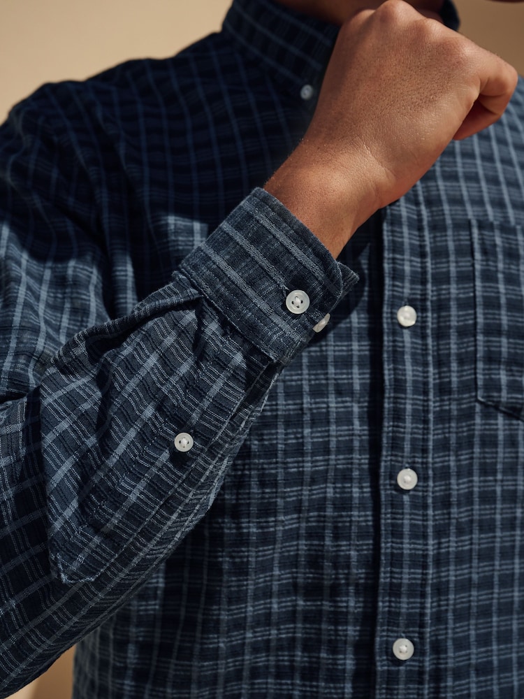 Navy Blue Check Long Sleeve 100% Cotton Shirt - Image 5 of 10