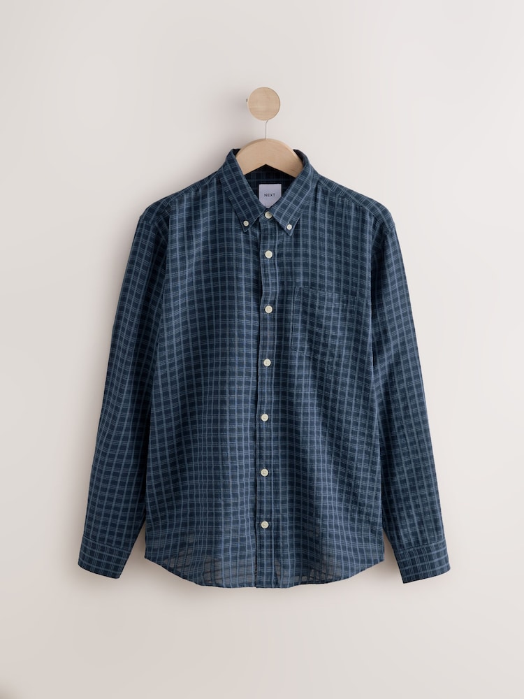 Navy Blue Check Long Sleeve 100% Cotton Shirt - Image 6 of 10
