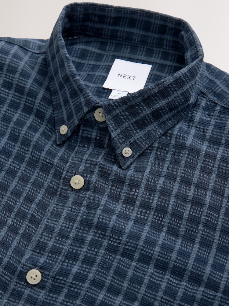 Navy Blue Check Long Sleeve 100% Cotton Shirt - Image 7 of 10