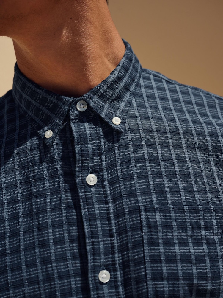 Navy Blue Check Long Sleeve 100% Cotton Shirt - Image 9 of 10