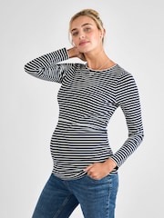 JoJo Maman Bébé Navy White Stripe Ribbed Maternity & Nursing Stripe Top - Image 1 of 4