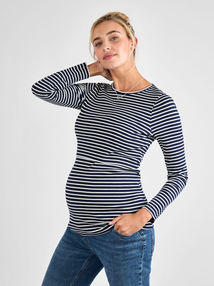 JoJo Maman Bébé Navy White Stripe Ribbed Maternity & Nursing Stripe Top - Image 1 of 4