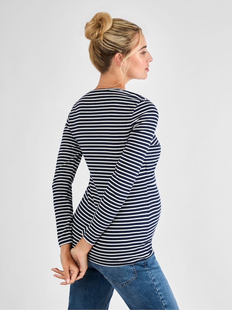 JoJo Maman Bébé Navy White Stripe Ribbed Maternity & Nursing Stripe Top - Image 2 of 4
