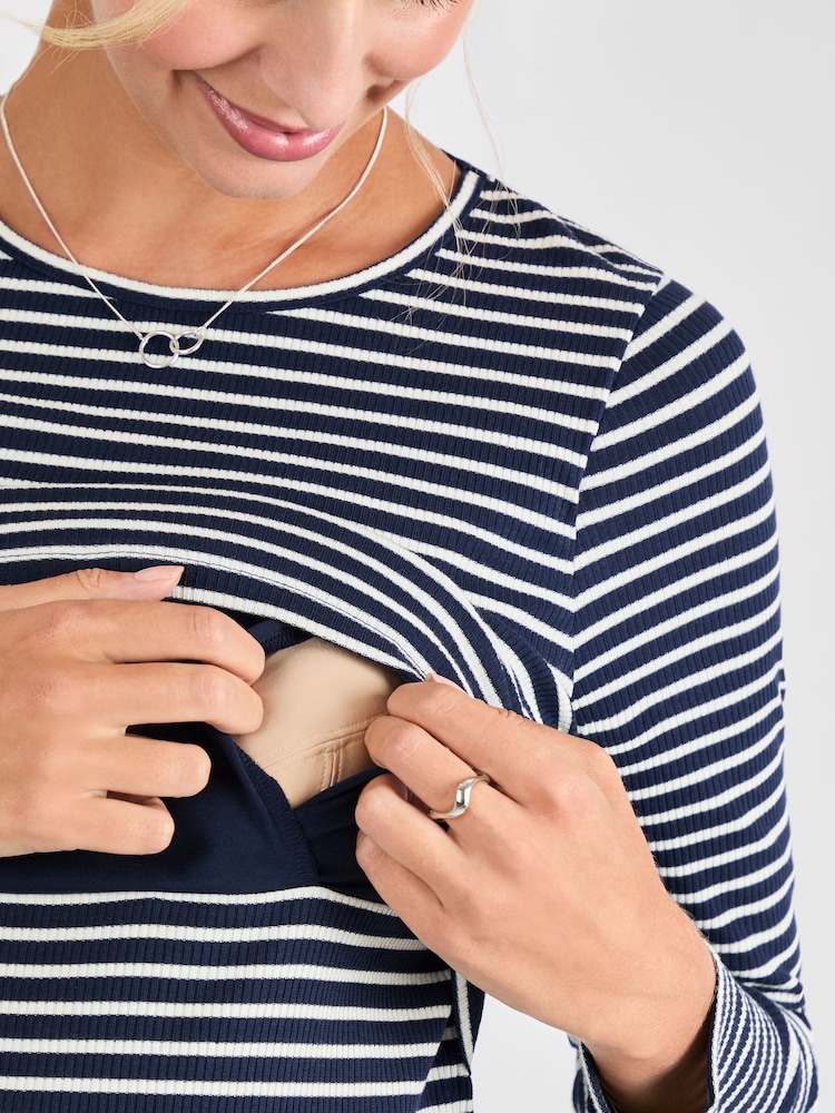 JoJo Maman Bébé Navy White Stripe Ribbed Maternity & Nursing Stripe Top - Image 4 of 4