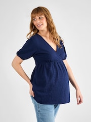JoJo Maman Bébé Navy Broderie Maternity Jersey Top - Image 1 of 4