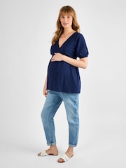 JoJo Maman Bébé Navy Broderie Maternity Jersey Top - Image 3 of 4