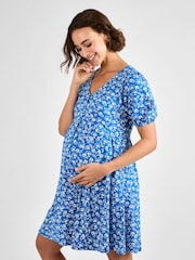 JoJo Maman Bébé Blue Floral Button Through Maternity Jersey Dress - Image 1 of 4