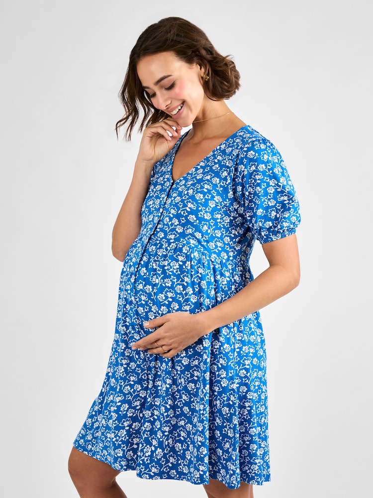 JoJo Maman Bébé Blue Floral Button Through Maternity Jersey Dress - Image 1 of 4