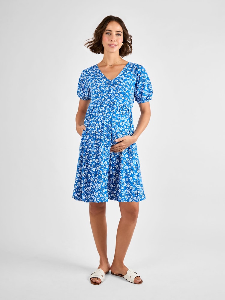 JoJo Maman Bébé Blue Floral Button Through Maternity Jersey Dress - Image 2 of 4
