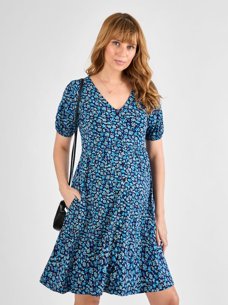 Jojo Maman Bébé Blue Floral Ditsy Button Through Maternity Jersey Dress - Image 2 of 5