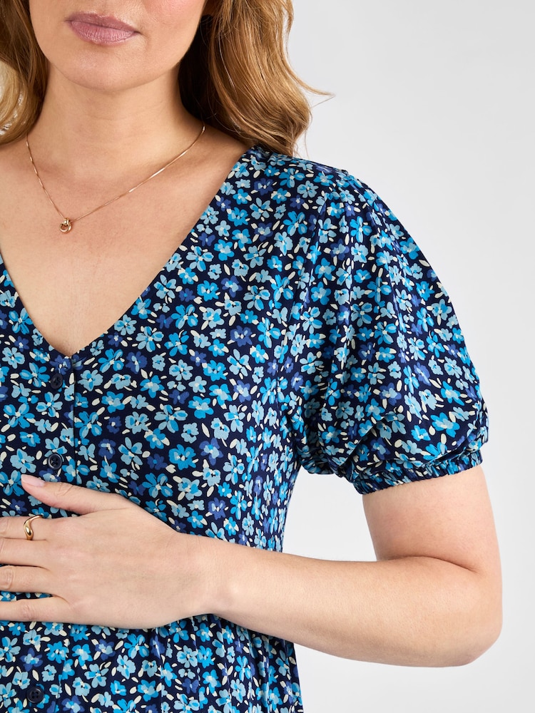 Jojo Maman Bébé Blue Floral Ditsy Button Through Maternity Jersey Dress - Image 5 of 5