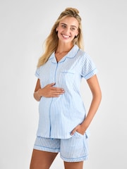 JoJo Maman Bébé Blue Stripe Broderie Maternity Short 100% Cotton Pyjamas Set - Image 2 of 5