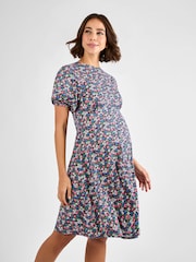 JoJo Maman Bébé Navy Maternity Floral Print Puff Sleeve Jersey Tea Dress - Image 1 of 4