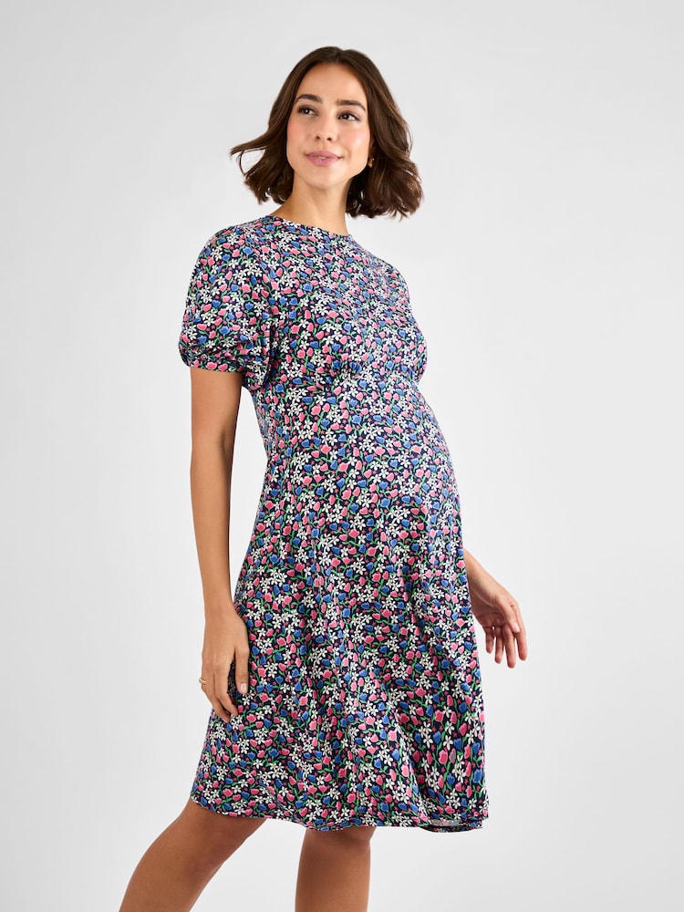 JoJo Maman Bébé Navy Maternity Floral Print Puff Sleeve Jersey Tea Dress - Image 1 of 4