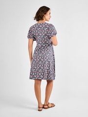 JoJo Maman Bébé Navy Maternity Floral Print Puff Sleeve Jersey Tea Dress - Image 2 of 4