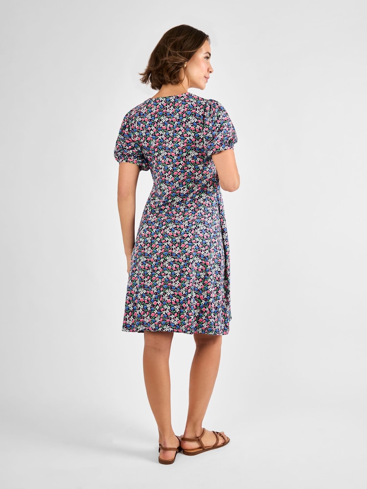 JoJo Maman Bébé Navy Maternity Floral Print Puff Sleeve Jersey Tea Dress - Image 2 of 4