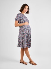 JoJo Maman Bébé Navy Maternity Floral Print Puff Sleeve Jersey Tea Dress - Image 3 of 4