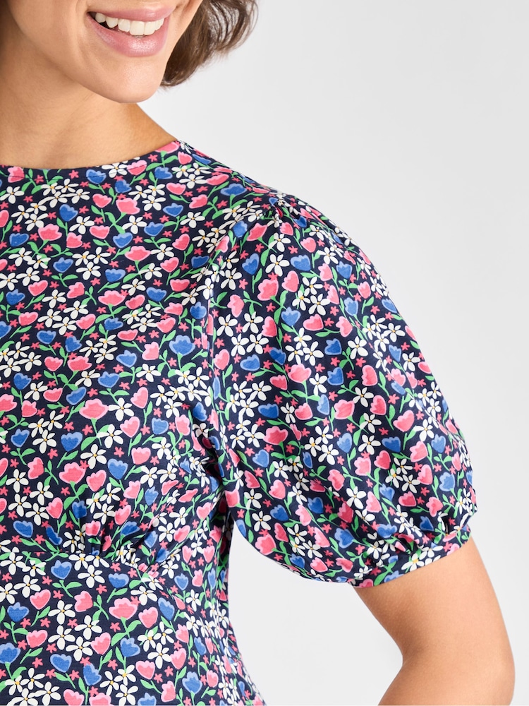 JoJo Maman Bébé Navy Maternity Floral Print Puff Sleeve Jersey Tea Dress - Image 4 of 4