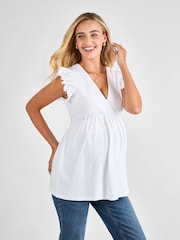 JoJo Maman Bébé White Broderie Flutter Sleeve Maternity Top - Image 1 of 4