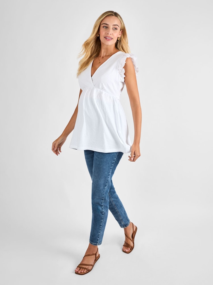 JoJo Maman Bébé White Broderie Flutter Sleeve Maternity Top - Image 3 of 4