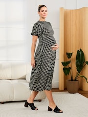 JoJo Maman Bébé Black Ditsy Puff Sleeve Maternity Midi Jersey Dress - Image 1 of 5