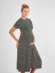 JoJo Maman Bébé Black Ditsy Puff Sleeve Maternity Midi Jersey Dress - Image 2 of 5