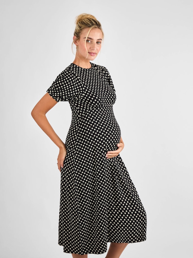 JoJo Maman Bébé Black Ditsy Puff Sleeve Maternity Midi Jersey Dress - Image 2 of 5