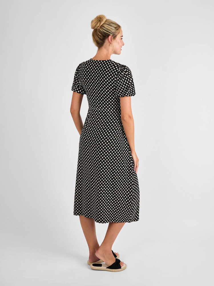 JoJo Maman Bébé Black Ditsy Puff Sleeve Maternity Midi Jersey Dress - Image 3 of 5