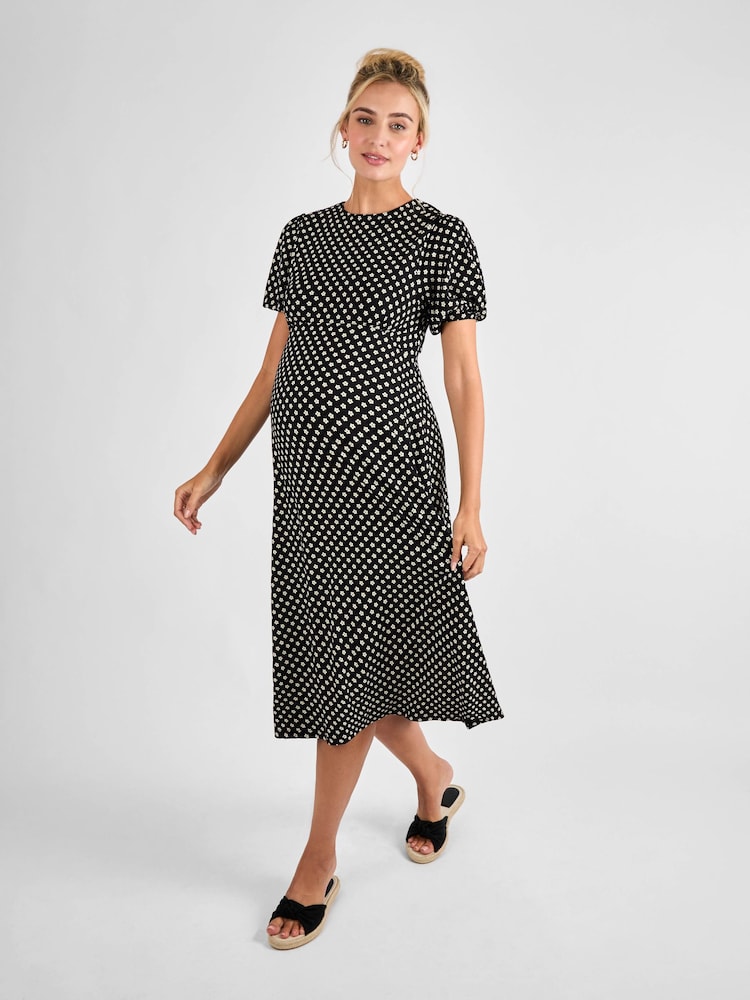 JoJo Maman Bébé Black Ditsy Puff Sleeve Maternity Midi Jersey Dress - Image 4 of 5