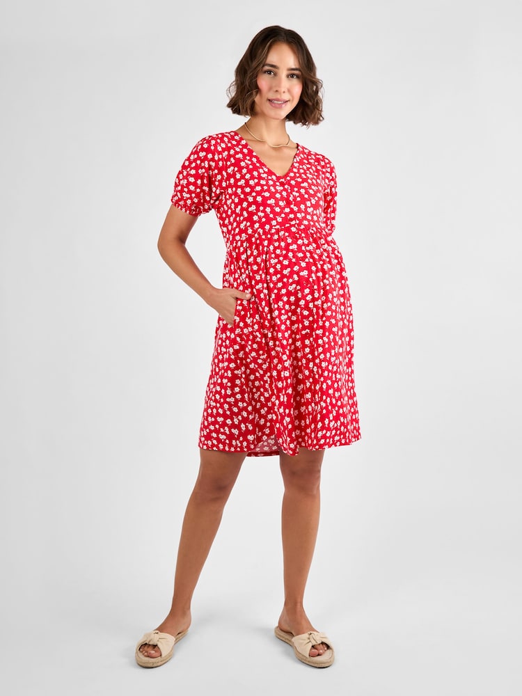 JoJo Maman Bébé Red Ditsy Button Through Maternity Jersey Dress - Image 1 of 4