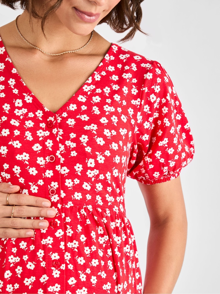 JoJo Maman Bébé Red Ditsy Button Through Maternity Jersey Dress - Image 4 of 4