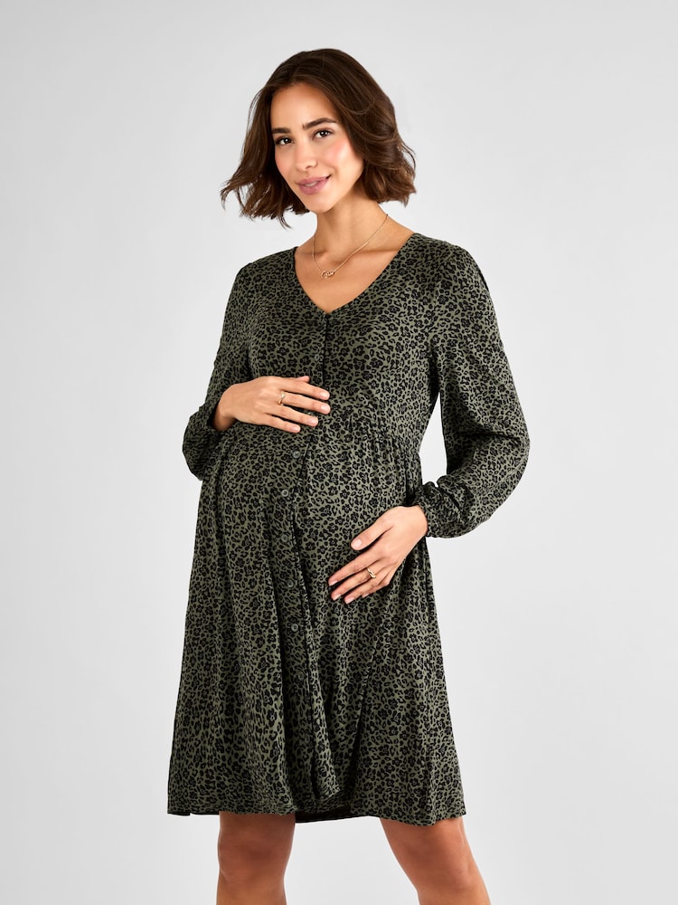 JoJo Maman Bébé Khaki Maternity Button Through Jersey Dress - Image 1 of 4