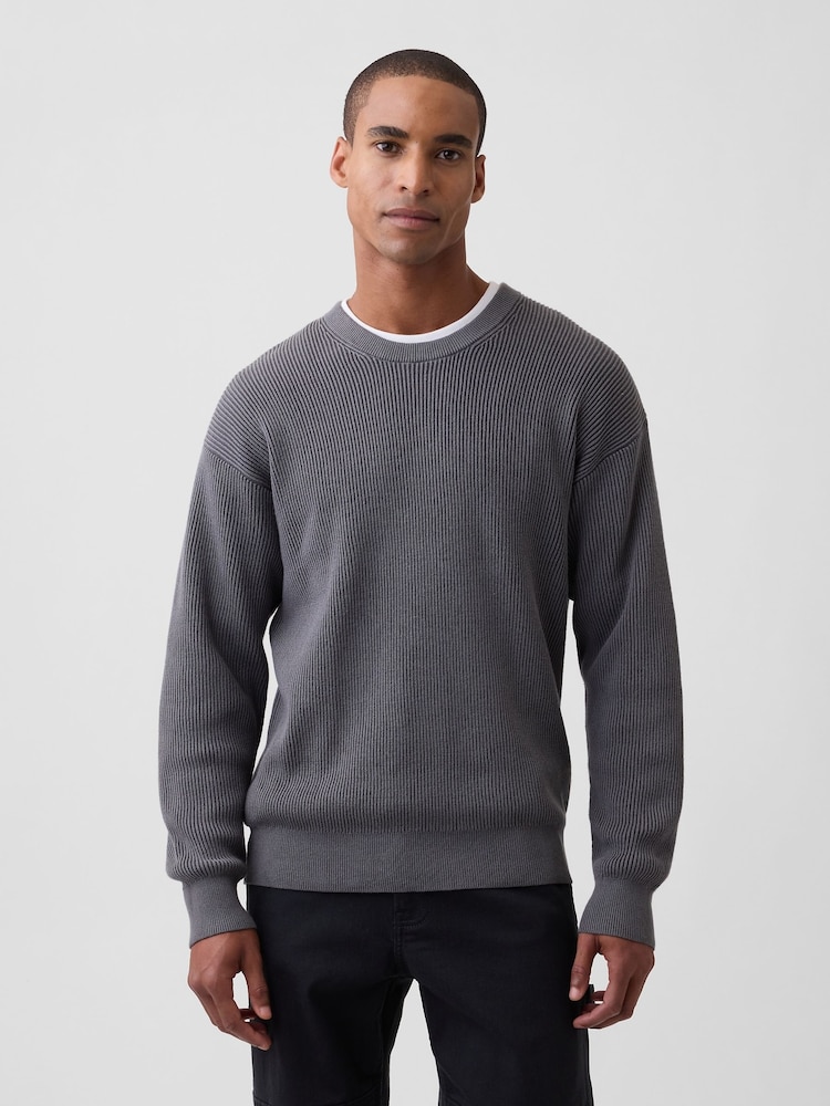 Gap Grey Relaxed Fisherman Stitch Crew Neck Jumper - Image 1 of 4 Gap Grey Relaxed Fisherman Stitch Crew Neck Jumper - Image 1 of 4