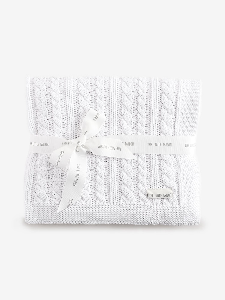 The Little Tailor Baby Fisherman Cable 100% Cotton Knitted White Blanket - Image 1 of 6