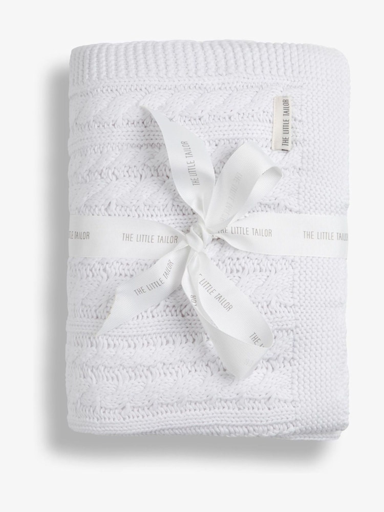 The Little Tailor Baby Fisherman Cable 100% Cotton Knitted White Blanket - Image 2 of 6