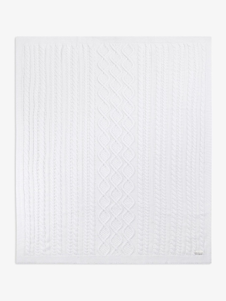 The Little Tailor Baby Fisherman Cable 100% Cotton Knitted White Blanket - Image 3 of 6