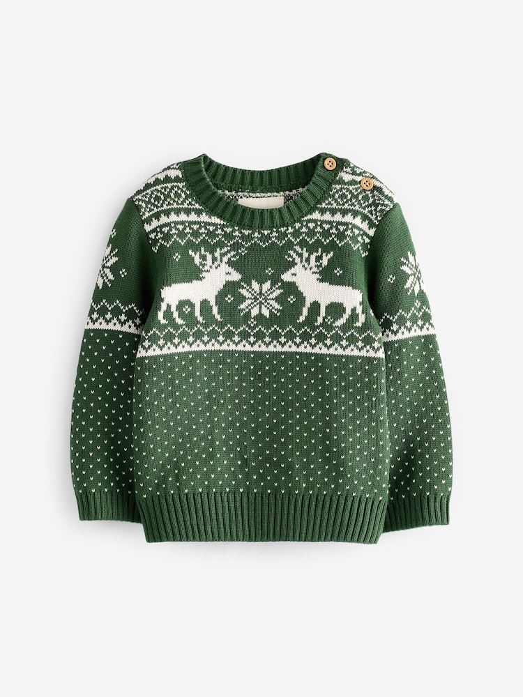 The Little Tailor Baby Christmas 100% Cotton Reindeer Fairisle Pattern Jumper - Image 1 of 3