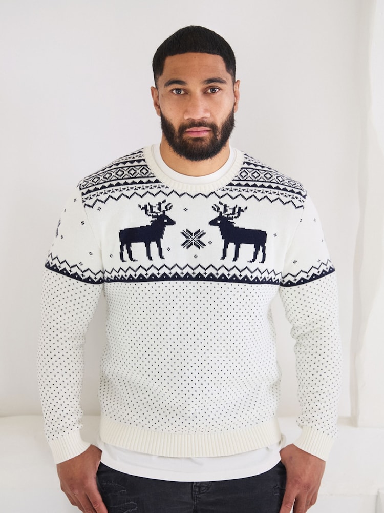 The Little Tailor Mens Christmas 100% Cotton Reindeer Fairisle Pattern Jumper - Image 1 of 7