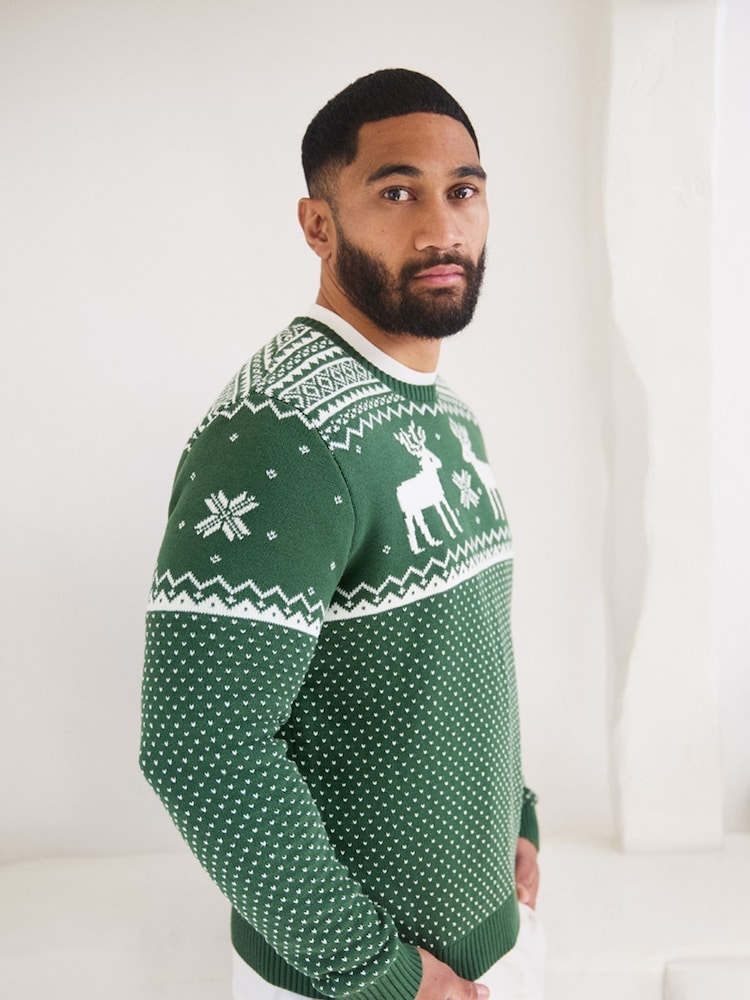 Vert - The Little Tailor Mens Noël 100% Cotton Reindeer Motif Fair Isle Pull - Image 3 of 7
