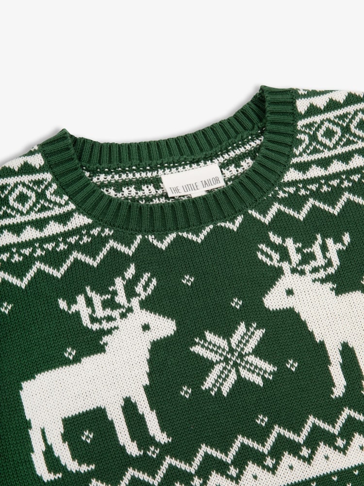 Vert - The Little Tailor Mens Noël 100% Cotton Reindeer Motif Fair Isle Pull - Image 6 of 7