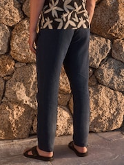 Navy Stripe Regular Tapered Fit 100% Linen Signature Elasticated Waist Drawstring Trousers - Image 3 of 8