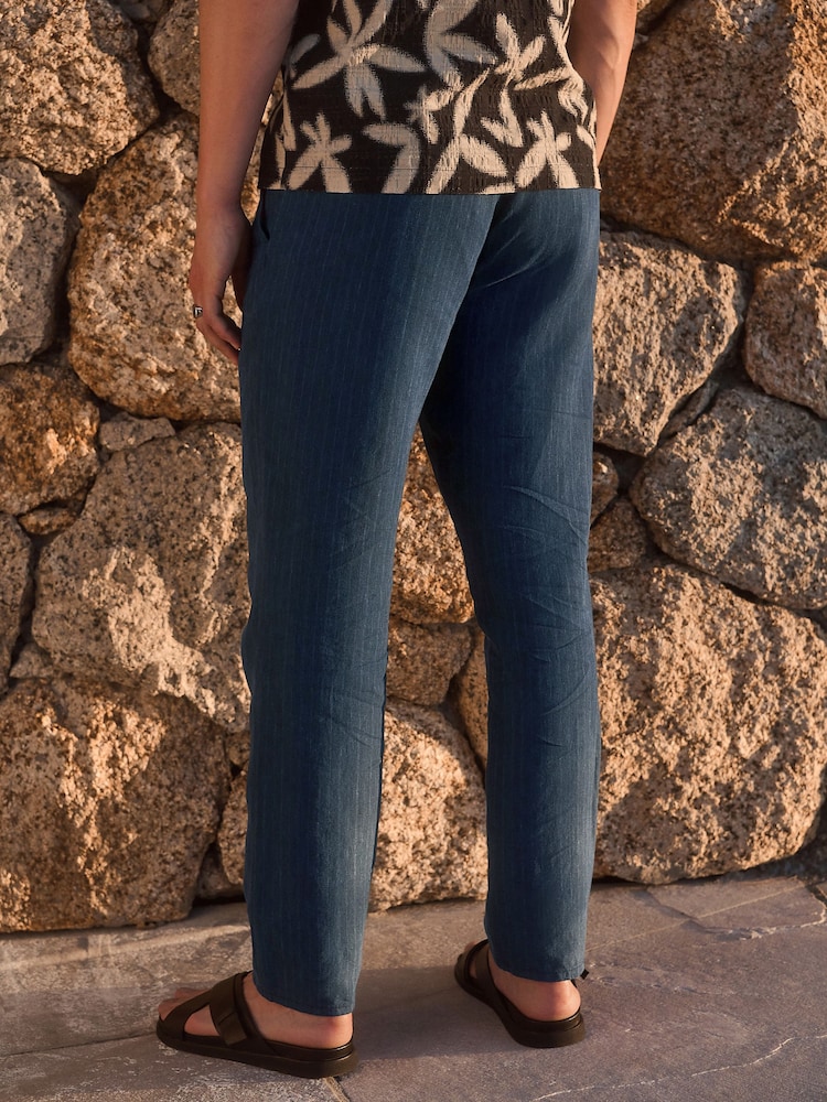 Navy Stripe Regular Tapered Fit 100% Linen Signature Elasticated Waist Drawstring Trousers - Image 3 of 6