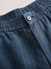 Navy Stripe Regular Tapered Fit 100% Linen Signature Elasticated Waist Drawstring Trousers - Image 7 of 8