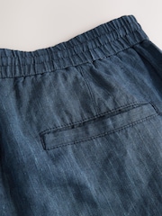 Navy Stripe Regular Tapered Fit 100% Linen Signature Elasticated Waist Drawstring Trousers - Image 8 of 8