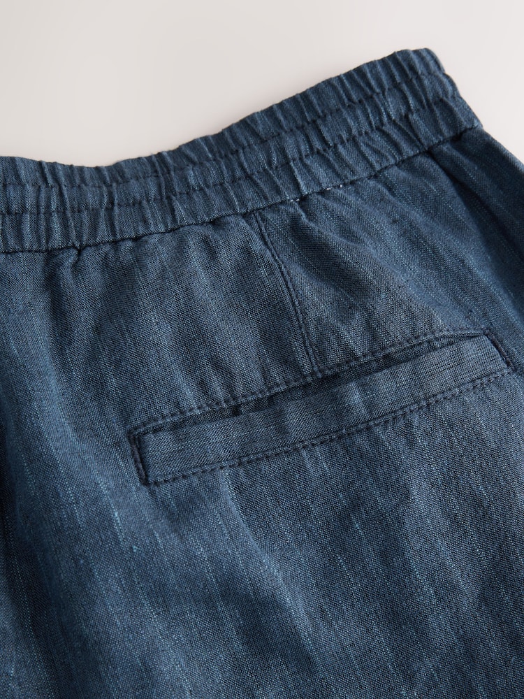 Navy Stripe Regular Tapered Fit 100% Linen Signature Elasticated Waist Drawstring Trousers - Image 8 of 8