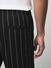 Black/White Regular Tapered Fit Cotton Linen Striped Trousers - Image 7 of 11
